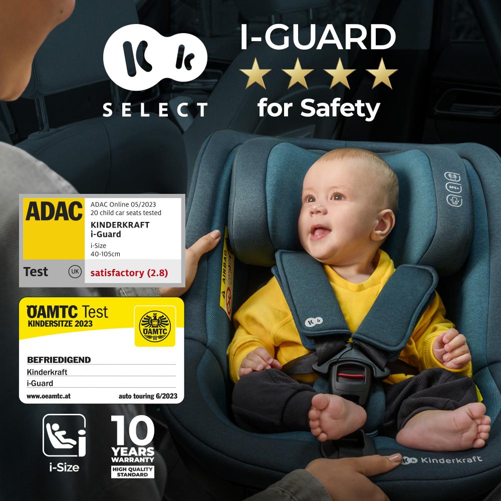 A child sitting in the Kinderkraft I-GUARD car seat, which has received the ADAC certificate.