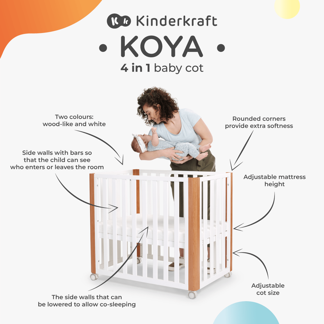 Infographic with a woman holding her baby over a KOYA cot. There are arrows and captions about the benefits of the KOYA cot.